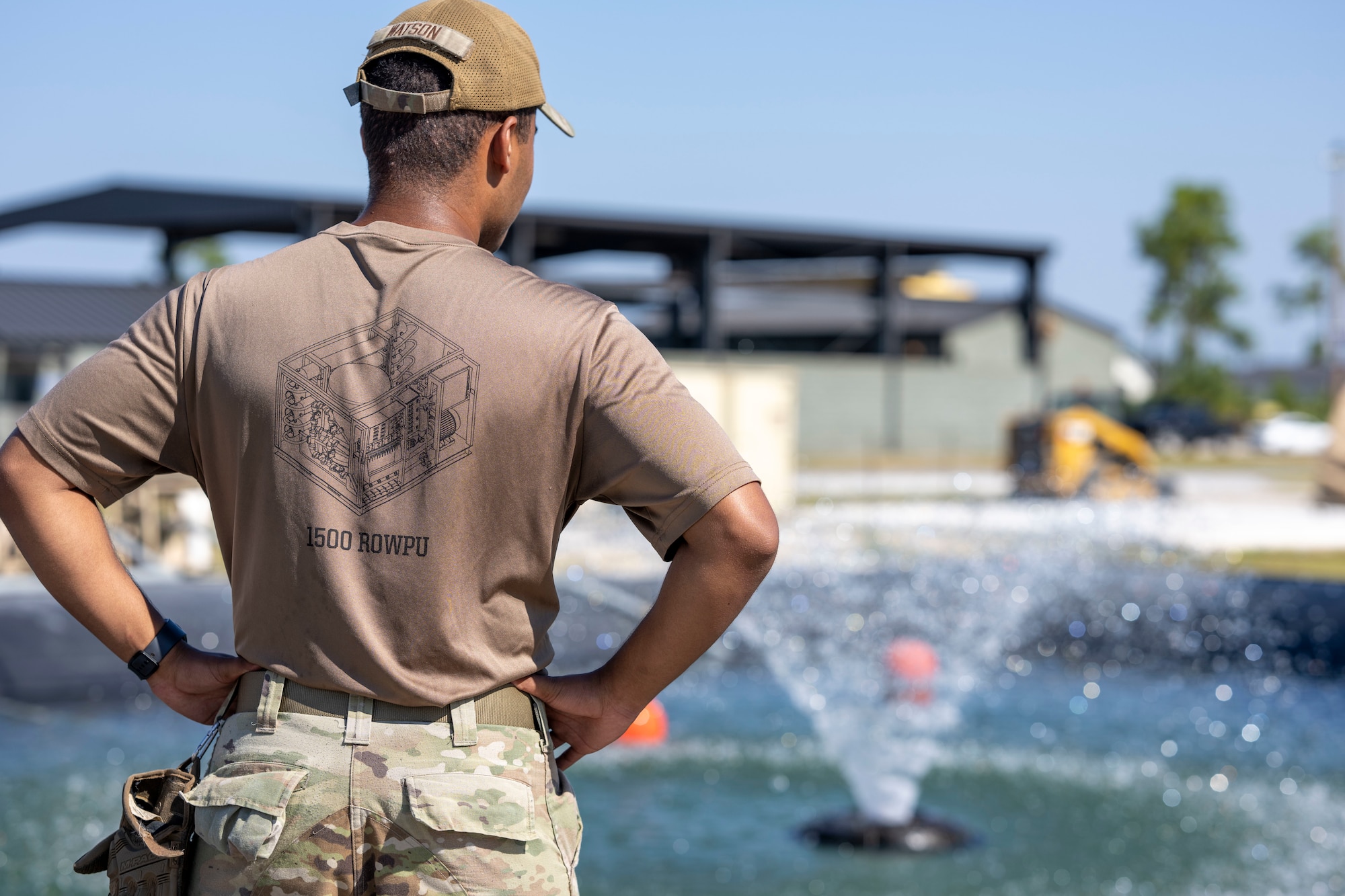 U.S. Air Force Airman 1st Class Jheriko Watson, 11th Civil Engineer Squadron water and fuel systems maintenance technician at Joint Base Anacostia-Bolling, Washington, D.C., surveys a fresh water source during water purification training at Tyndall Air Force Base, Fla., Sept. 18, 2025.