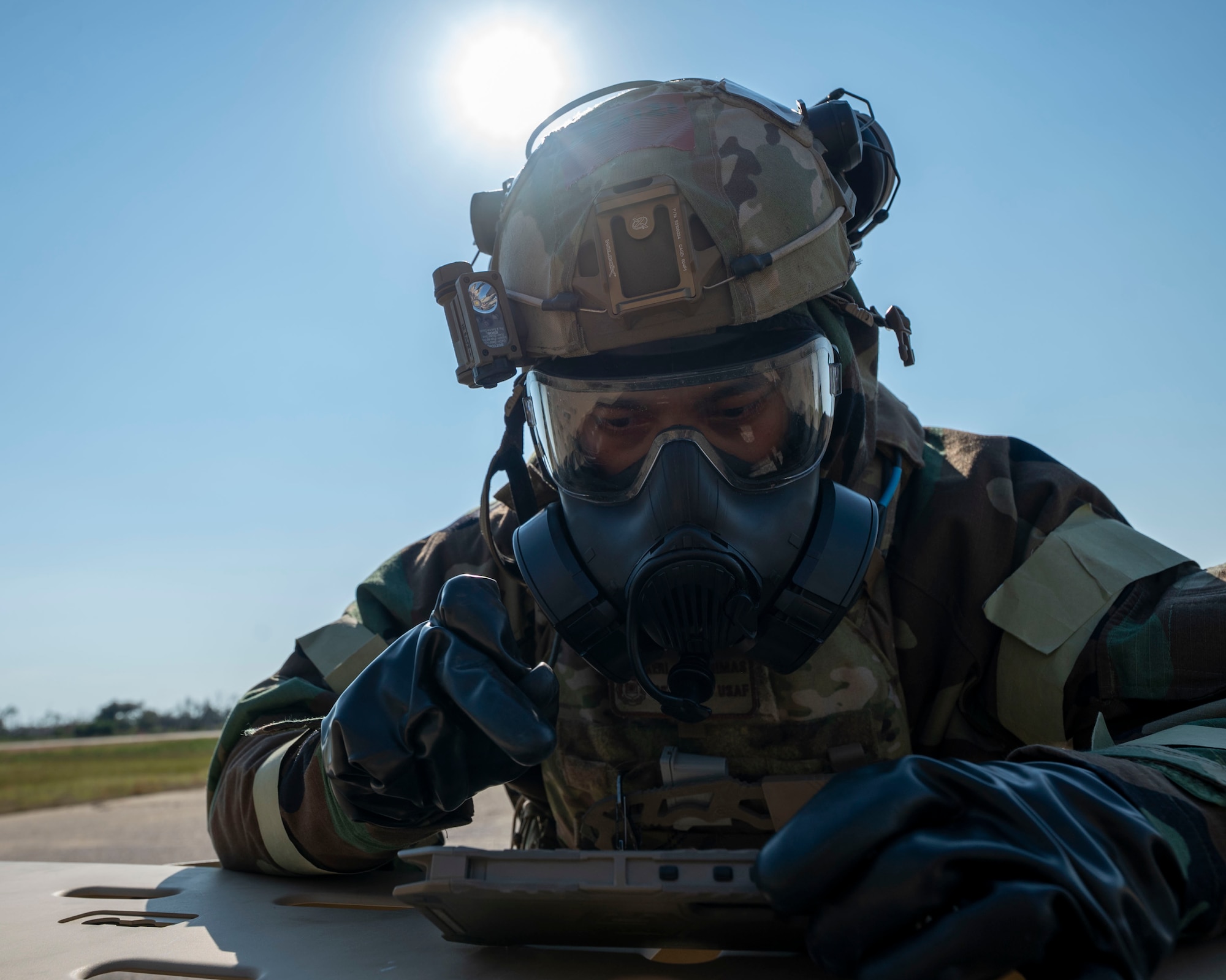 U.S. Air Force Senior Airman Cobe Curry, 87th Civil Engineer Squadron Emergency Management Flight, Joint Base McGuire-Dix-Lakehurst, N.J., assesses a simulated chemical attack at Tyndall Air Force Base, Fla., Sept. 18, 2025.