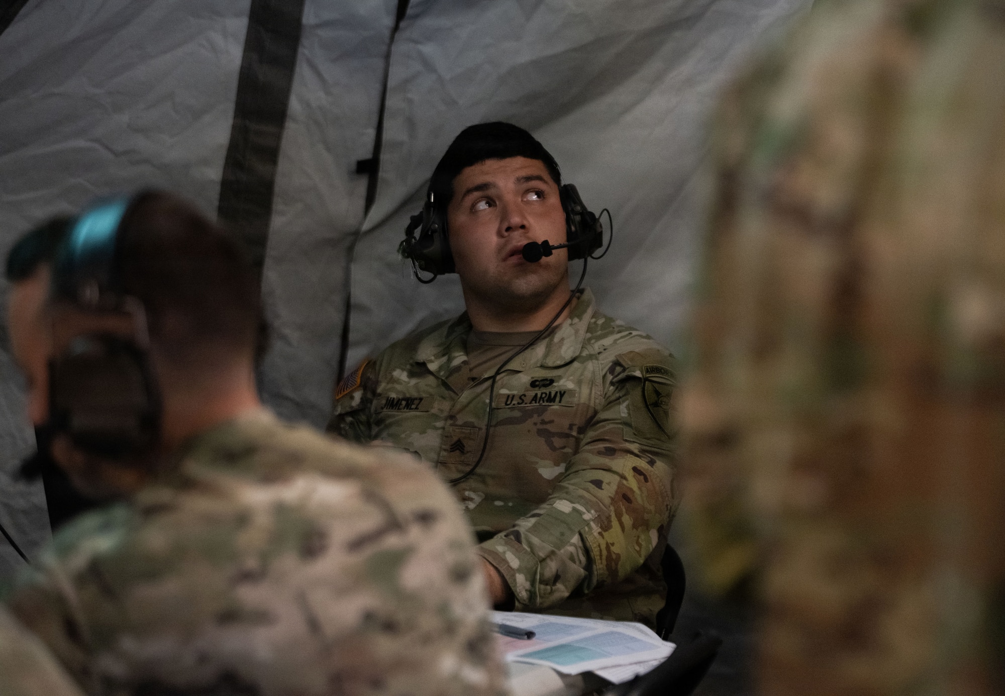 U.S. Army Sgt. Joedy Jimenez, a joint communicator assigned to the Joint Communications Support Element (JCSE), uses high-frequency radio technology for beyond line-of-site communication during Exercise Noble Skywave at MacDill Air Force Base, Florida, Oct. 22, 2025. Noble Skywave is an annual, Canadian-led high-frequency radio competition for military units to test and improve their ability to use high-frequency radio technology. JCSE competes to maintain high-frequency expertise and ability to operate in any environment. (U.S. Air Force photo by Airman Alexis Adams)