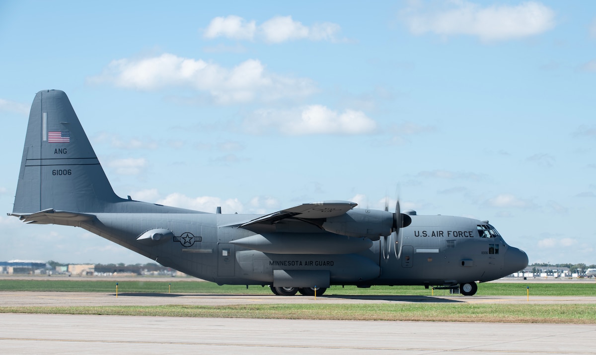 A C-130H Hercules from the 133rd Airlift Wing taxis on the runway in St. Paul, Minn., Sept. 24, 2025.