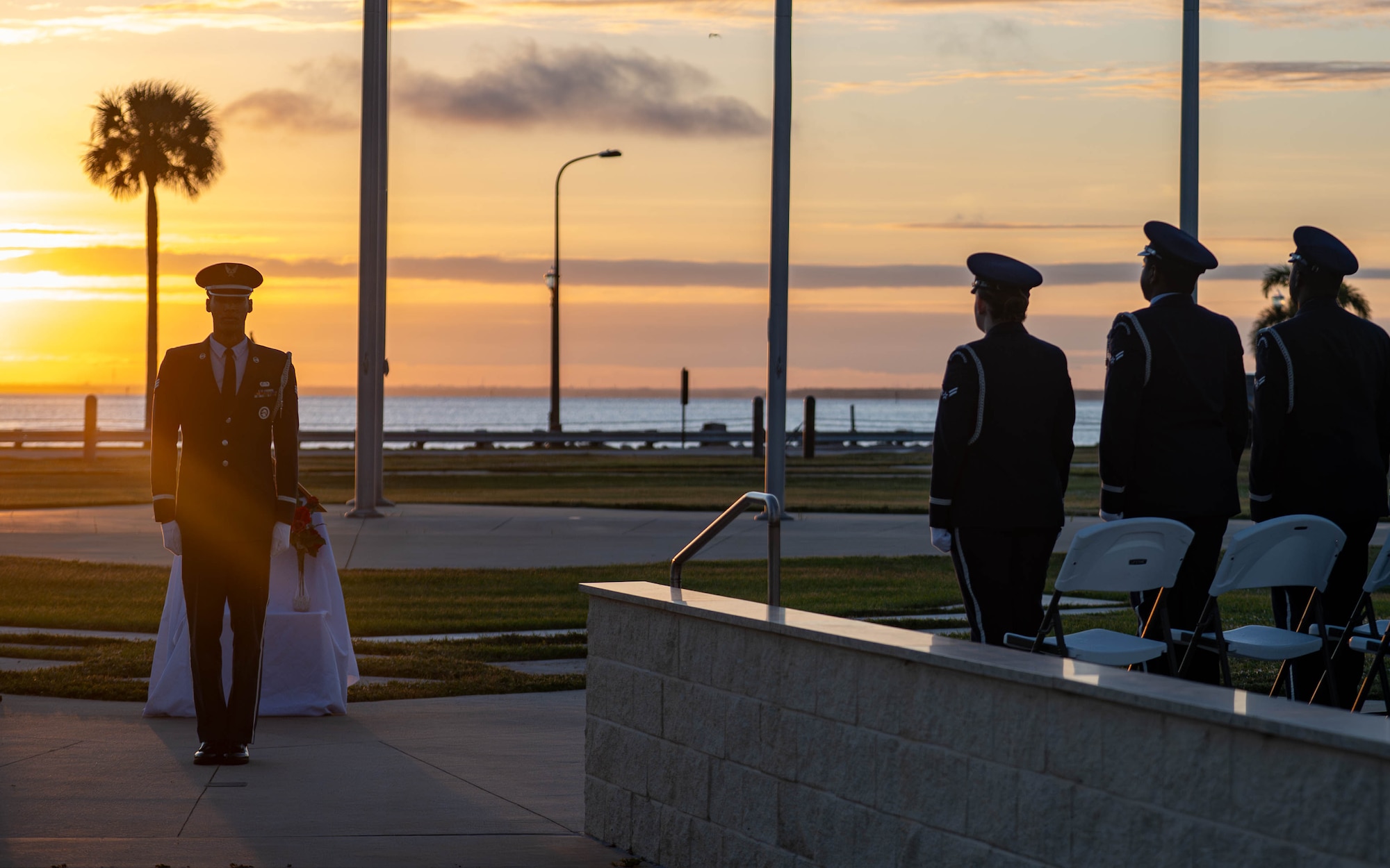 Honor guardsmen assigned to the 6th Force Support Squadron rehearse the Honor Guard Creed prior to an induction ceremony at MacDill Air Force Base, Florida, Oct. 28, 2025. Honor guard provides support to military ceremonies honoring distinguished guests, change of commands, retreats, retirements, parades and other appropriate community events attended by the general public. The mission of the MacDill AFB Honor Guard is to represent every Airman by providing top-notch, professional military support to the base, Tampa Community and surrounding areas with honor and dignity. (U.S. Air Force photo by Airman 1st Class Monique Stober)