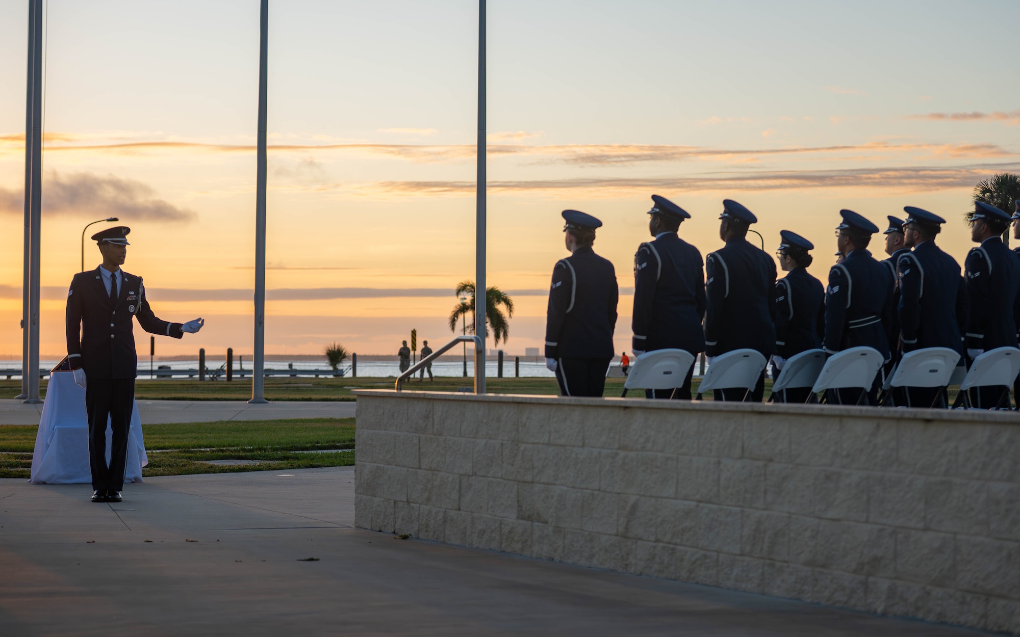 Honor guardsmen assigned to the 6th Force Support Squadron rehearse the Honor Guard Creed prior to an induction ceremony at MacDill Air Force Base, Florida, Oct. 28, 2025. Honor guard provides support to military ceremonies honoring distinguished guests, change of commands, retreats, retirements, parades and other appropriate community events attended by the general public. The mission of the MacDill AFB Honor Guard is to represent every Airman by providing top-notch, professional military support to the base, Tampa Community and surrounding areas with honor and dignity. (U.S. Air Force photo by Airman 1st Class Monique Stober)