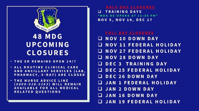 View our upcoming closures. All routine clinical care and ancillary services (lab, pharmacy, x-ray) are closed. The Nurse Advice Line will remain open for all medical related questions. 0800-028-3263