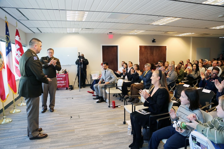 (Right to Left) Col. Brandon Bowman, U.S. Army Corps of Engineers Jacksonville District Commander congratulates  Lt. Col. Matthew Westcott, U.S. Army Corps of Engineers Jacksonville District Deputy District during Westcott's promotion ceremony at the Jacksonville District Headquarters, Nov. 13, 2025. (U.S. Army photo by Mark Rankin).
