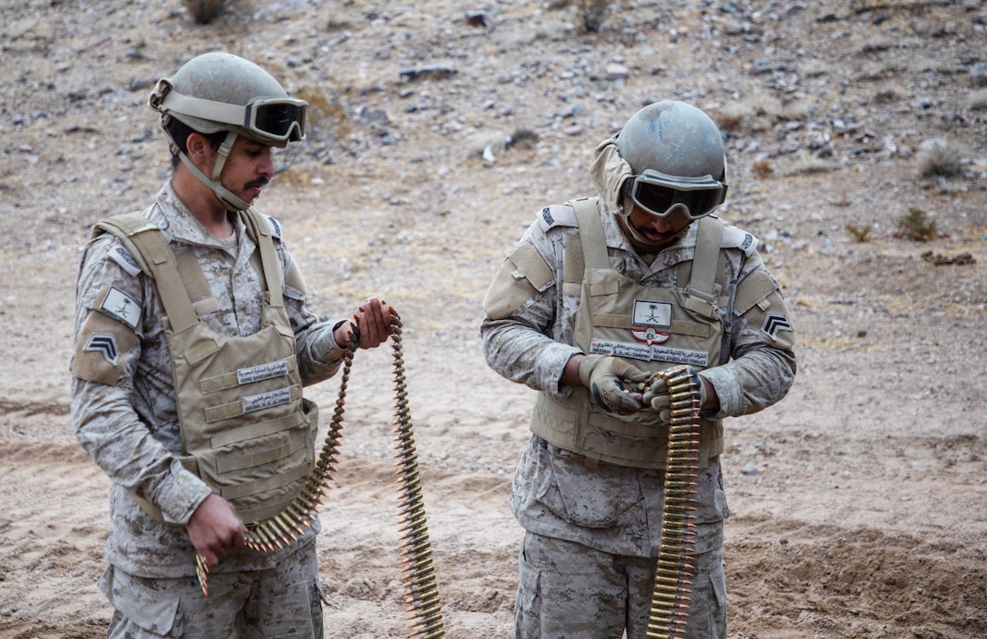 Soldiers with the Royal Saudi Land Forces (RSLF) prepare ammunition for tank gunnery prior to live-fire exercises at the National Training Center during Rotation 26-02 at Fort Irwin, Calif., Nov. 13, 2025. Partnering with U.S. Army Central and 3rd Security Forces Assistance Brigade, the RSLF integrate with 2nd Brigade, 1st Cavalry Division, to improve interoperability and operational effectiveness in a tough, realistic environment. (U.S. Army photo by Staff Sgt. Devon Jones)