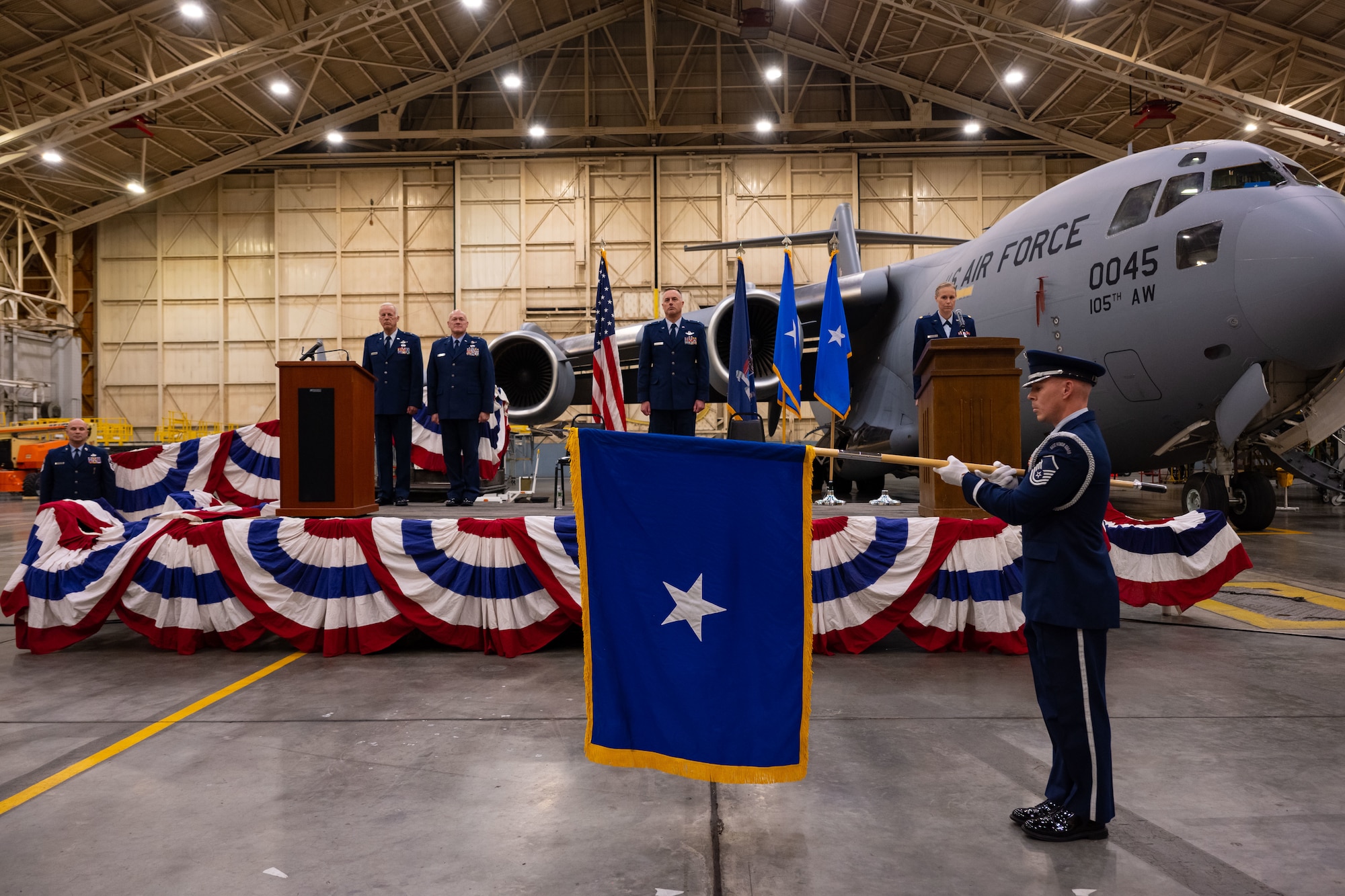 Brig. Gen. Ryan Dannemann's general officer flag is unfurled.