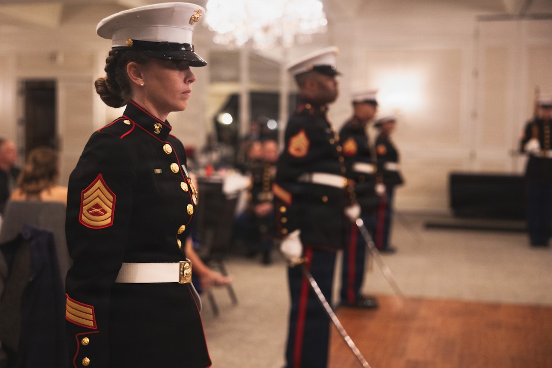 U.S. Marine Corps Gunnery Sgt. Terra Robinson, the adjutant chief with 4th Marine Corps District, participates in the sword detail during the 250th Marine Corps birthday ceremony in Columbus, Ohio, Nov. 10, 2025. The Marine Corps birthday ceremony honors the history, legacy and traditions passed down from generation to generation since the founding of the Corps on Nov. 10, 1775. Robinson is a native of Mathews, Virginia. (U.S. Marine Corps photo by Cpl. Allegra Catalan-Dyson.)