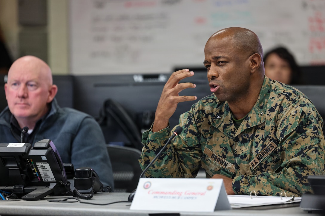 U.S. Marine Corps Brig. Gen. Nick I. Brown, the commanding general of Marine Corps Installations West, Marine Corps Base Camp Pendleton, gives remarks during an Interagency Table Talk Exercise at MCB Camp Pendleton, California, Nov. 5, 2025. The Interagency Partner TTX included participation from MCIWEST commanders, I MEF staff, Senior Leader Training Instructors, liaison officers, and interagency representatives across Southern California. (U.S. Marine Corps photo by Cpl. Jacqueline Akamelu)