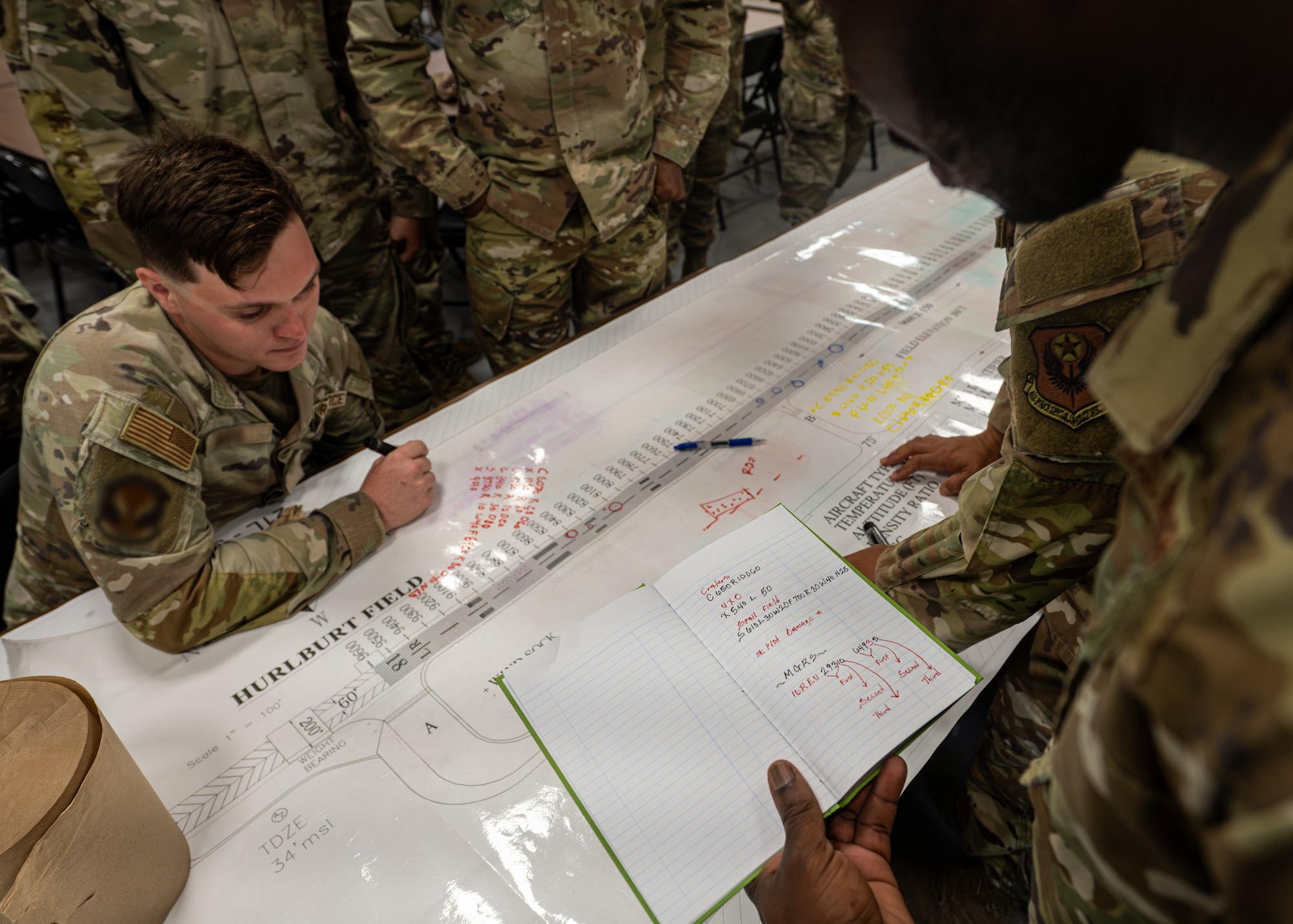 Airmen assigned to the 1st Special Operations Wing map out simulated airfield damage during Mission Ready Airmen Training.