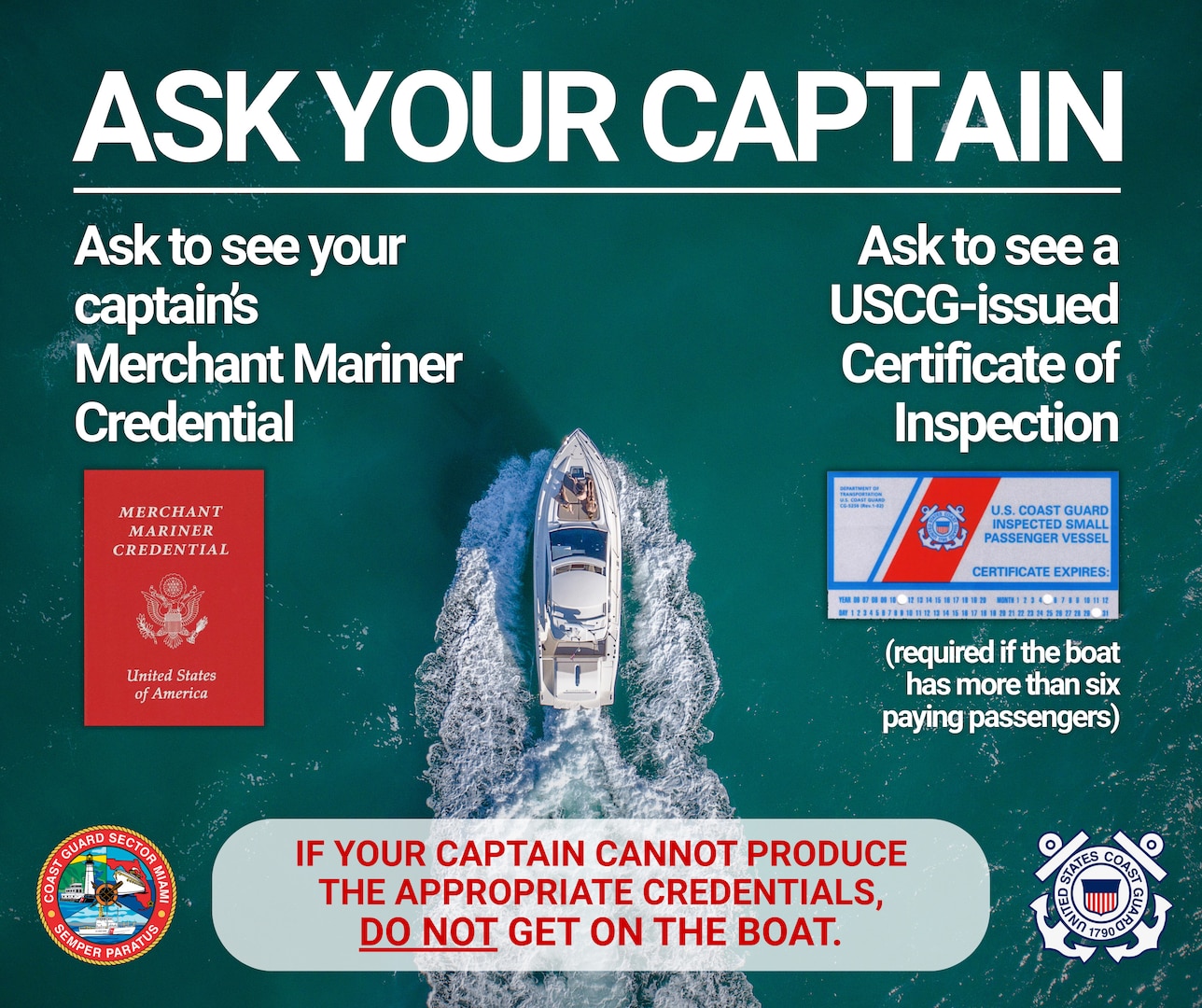 The graphic depicts best practices for checking credentials before hiring a charter vessel. Customers should ask to see the captain's Merchant Mariner Credential and look for a USCG-issued Certificate of Inspection. (U.S. Coast Guard graphic by Petty Officer 1st Class Ryan Dickinson)