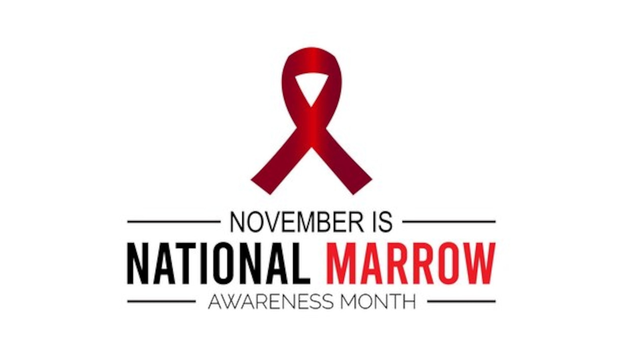 Informational graphic with bold red and black text stating ‘November is National Marrow Awareness Month’.