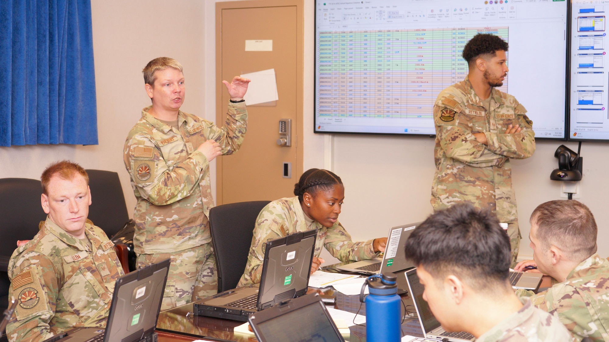 Airmen from the 735th Air Mobility Squadron analyze airfield movements and coordinate actions during a simulated surge event at Joint Base Pearl Harbor-Hickam, Sept. 25–Oct. 1, 2025.