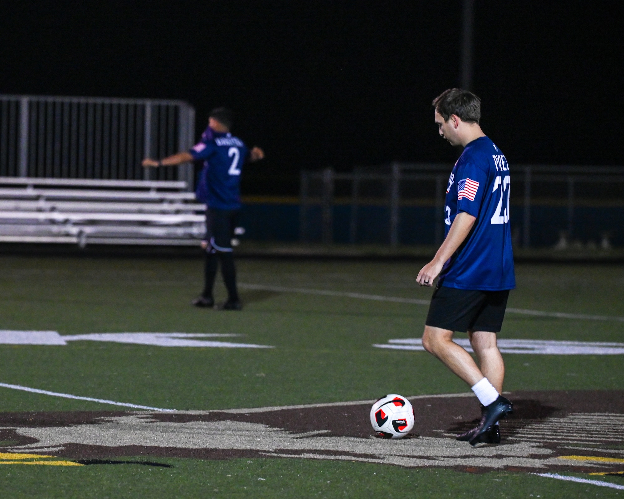 U.S. Air Force Airman 1st Class Aaron Perez, 30th Security Forces Squadron specialist, dribbles a soccer ball during Vandenberg Space Force Base Hawks’ varsity soccer team practice.