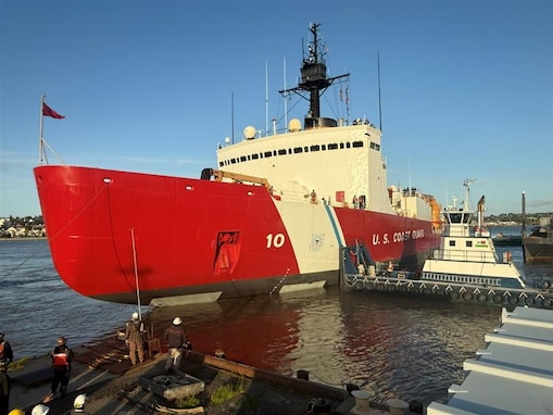 Coast Guard Cutter Polar Star undocking at Mare Island Dry Dock in Vallejo, California. U.S. Coast Guard photo.