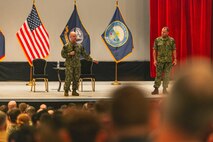 Chief of Naval Operations Adm. Daryl Caudle, left, and Master Chief Petty Officer of the Navy John Perryman, host an all-hands call with Sailors at Naval Base Guam theater, Nov. 19.