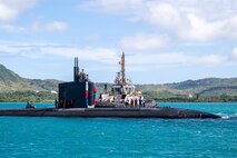 Los Angeles-class fast-attack submarine USS Asheville (SSN 758) returns to Naval Base Guam, reaffirming its role in the Indo-Pacific, Nov. 18, 2025.