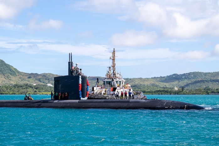 Los Angeles-class fast-attack submarine USS Asheville (SSN 758) returns to Naval Base Guam, reaffirming its role in the Indo-Pacific, Nov. 18, 2025.