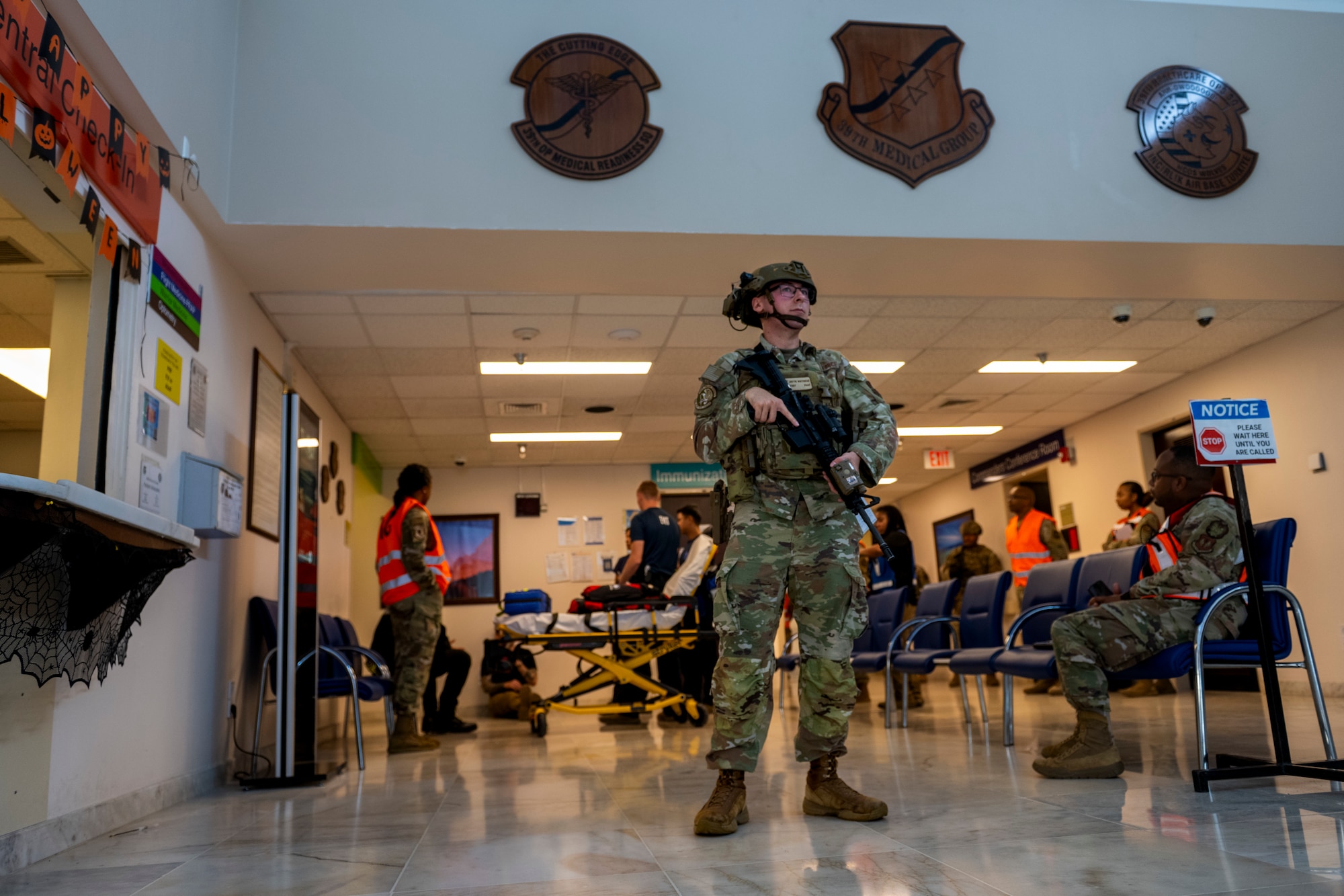 A service member provides security