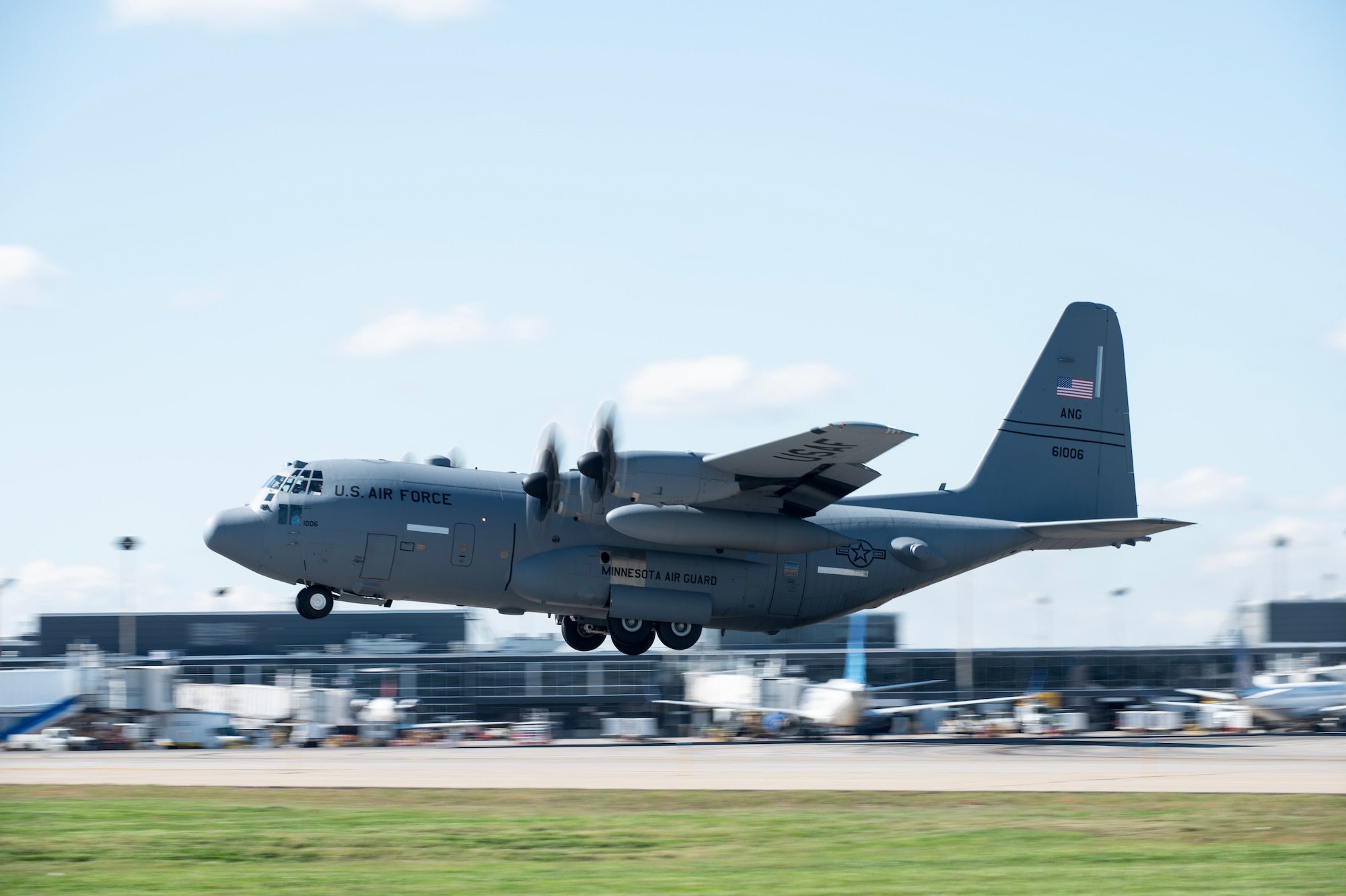 A C-130H Hercules from the 133rd Airlift Wing takes off at the Minneapolis-St. Paul Airport in St. Paul, Minn., Sept. 24, 2025.