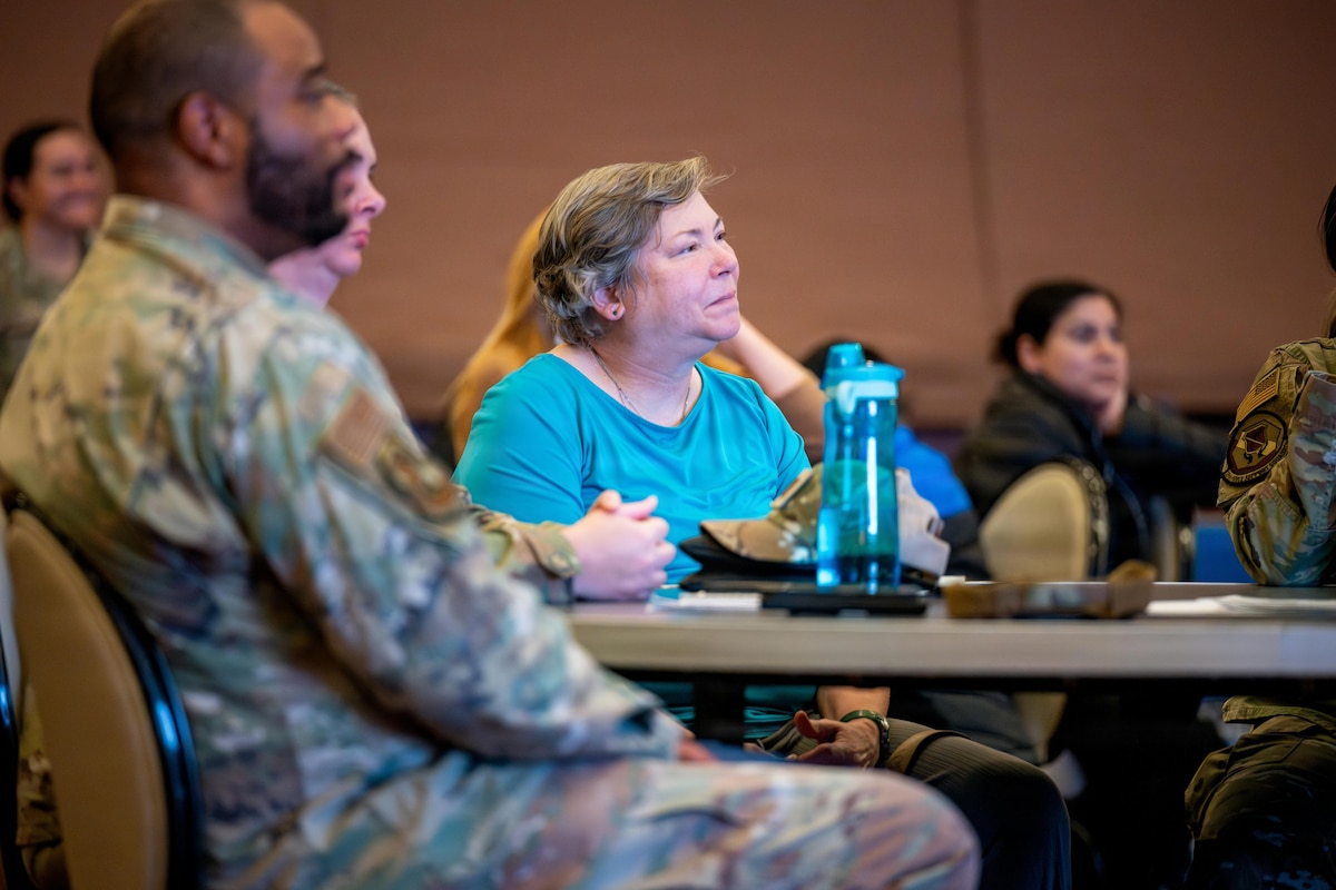 Participants listen during a 35th Fighter Wing (FW) Open Forum Town Hall event.