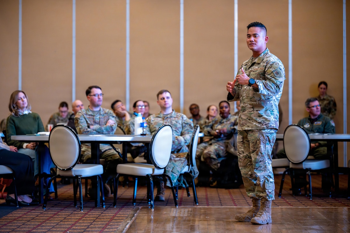 U.S. Air Force Capt. Vernon Nazareno, 35th Security Forces Squadron logistics and readiness officer in charge, speaks on trending topics during a 35th Fighter Wing (FW) Open Forum Town Hall event.