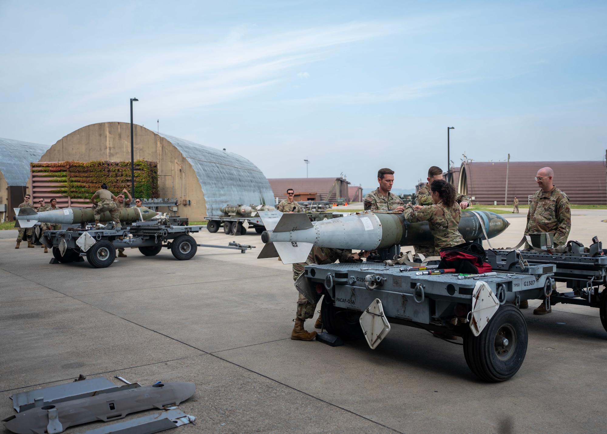 Airmen assigned to the 51st Munitions Squadron compete in a quarterly load crew competition at Osan Air Base, Republic of Korea, Oct. 2, 2025. The competition prepared Airmen to execute Osan’s “Fight Tonight” mission anytime, anywhere. (U.S. Air Force photo by Staff Sgt. Sarah Williams)