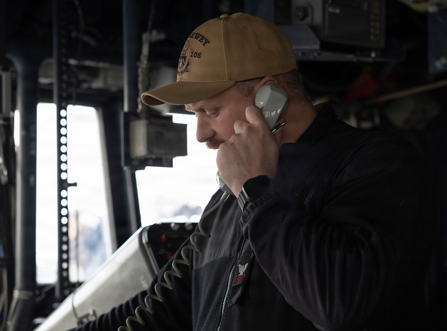 U.S. Navy Quartermaster 2nd Class Tyler Northern stands watch aboard Arleigh Burke-class guided-missile destroyer USS Dewey (DDG 105) during the Maritime Counter Special Operations Exercise (MCSOFEX) with the Republic of Korea (ROK) Navy, Nov. 18, 2025.