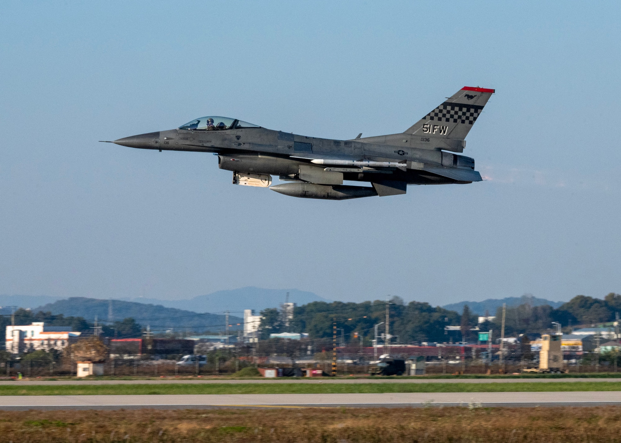 Chairman of the Joint Chiefs of Staff Gen. Dan Caine takes off during a U.S.-Republic of Korea Combined Command Flight at Osan Air Base, ROK, Nov. 3, 2025. The CJCS and other senior leaders arrived to participate in the Security Consultative Meeting and the Military Cooperation Meeting, highlighting the enduring strength of the U.S.-ROK Alliance. (U.S. Air Force photo by Staff Sgt. Sarah Williams)
