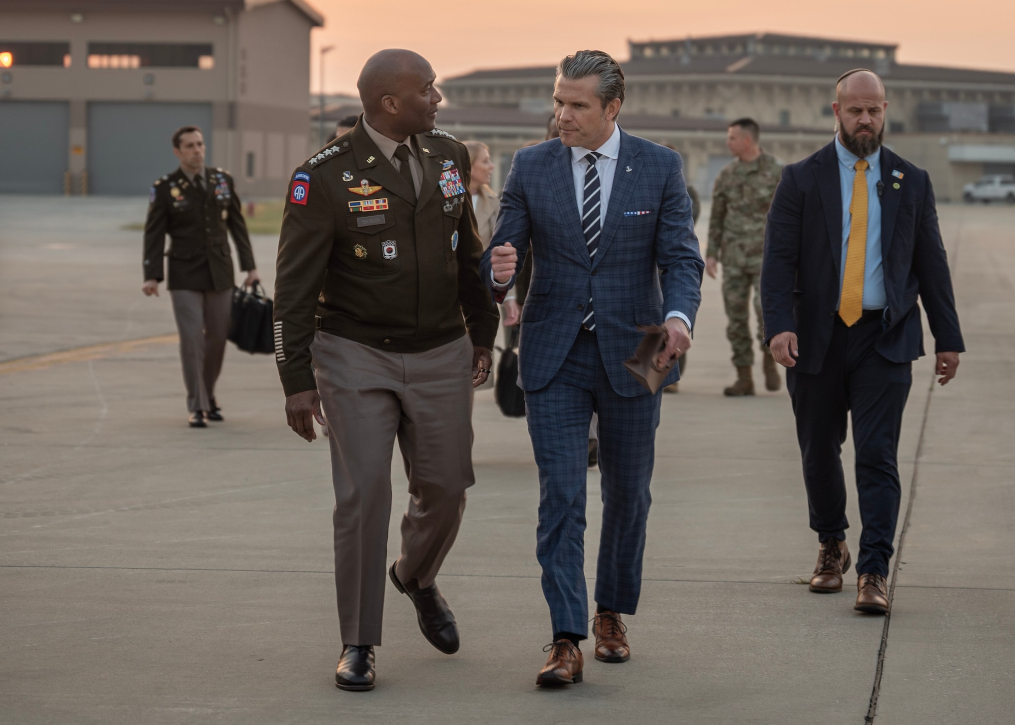 Secretary of War Pete Hegseth and U.S. Gen. Xavier Brunson, commanding general of United Nations Command, Combined Forces Command, and United States Forces Korea talk at Osan Air Base, Republic of Korea, Nov. 4, 2025. Hegseth and other senior leaders arrived to participate in the Security Consultative Meeting and the Military Cooperation Meeting, highlighting the enduring strength of the U.S.-ROK Alliance. (U.S. Air Force photo by Staff Sgt. Sarah Williams)