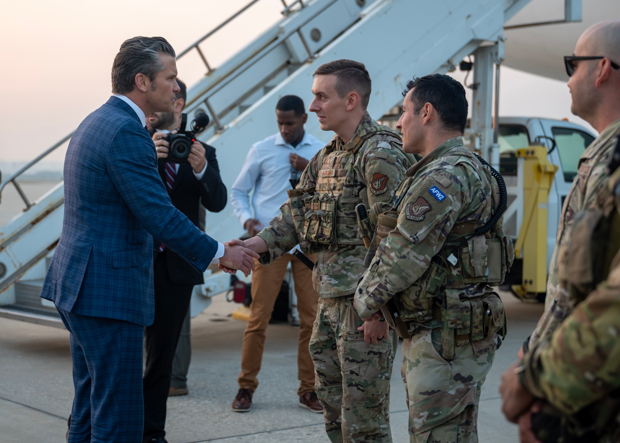 Secretary of War Pete Hegseth greets Airmen at Osan Air Base, Republic of Korea, Nov. 4, 2025. Hegseth and other senior leaders arrived to participate in the Security Consultative Meeting and the Military Cooperation Meeting, highlighting the enduring strength of the U.S.-ROK Alliance. (U.S. Air Force photo by Staff Sgt. Sarah Williams)