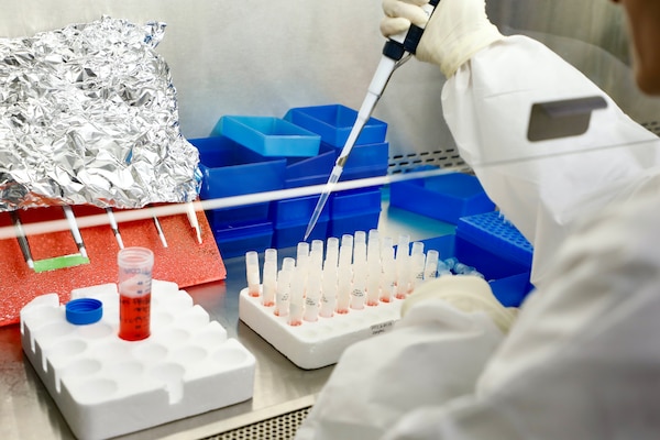 SILVER SPRING, Md. (Nov. 19, 2025) A researcher with Naval Medical Research Command (NMRC), transfers solution to smaller test tubes in the Agile Vaccines and Therapeutics (AVAT) laboratory. Researchers are currently conducting studies to discover critical vaccine components for testing to develop a vaccine that will provide a line of defense against malaria. NMRC, headquarters of Navy Medicine Research & Development, is engaged in a broad spectrum of activity from basic science in the laboratory to field studies in austere and remote areas of the world to investigations in operational environments. In support of Navy, Marine Corps and joint U.S. warfighter health, readiness and lethality, researchers study infectious diseases, biological warfare detection and defense, combat casualty care, environmental health concerns, aerospace and undersea medicine, operational mission support and epidemiology. (U.S. Navy photo by Aleece Williams/Released)