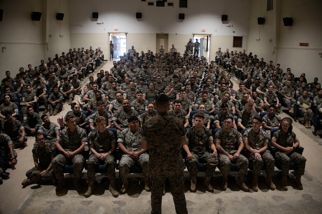 U.S. Marine Corps Sgt. Maj. Carlos A. Ruiz, the 20th Sergeant Major of the Marine Corps, visits Marines with 1st Marine Aircraft Wing (1st MAW) and the Staff Noncommissioned Officer (SNCO) Academy, Okinawa, Japan, Sept. 3-4, 2025. Ruiz participated in a variety of engagements including as the keynote speaker for 1st MAW’s Senior Leaders’ Conference, a Noncommissioned Officer (NCO) town hall, promotion ceremonies, luncheons with hand-selected SNCOs and NCOs, and observation time with various 1st MAW night crews. (U.S. Marine Corps photo by GySgt Jordan E. Gilbert)