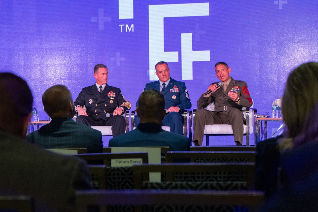 U.S. Marine Corps Sgt. Maj. Carlos A. Ruiz, right, the 20th Sergeant Major of the Marine Corps, and senior enlisted leaders from across the Armed Forces, discuss readiness and retention in their services during the Military Officers Association of America TotalForce+ Conference at National Harbor, Maryland, Oct. 29, 2025. The conference is an inaugural, people-focused event that brings together military members, veterans, their families, and industry leaders to address key issues facing the "total force." (U.S. Marine Corps photo by Master Sgt. Kassie McDole)