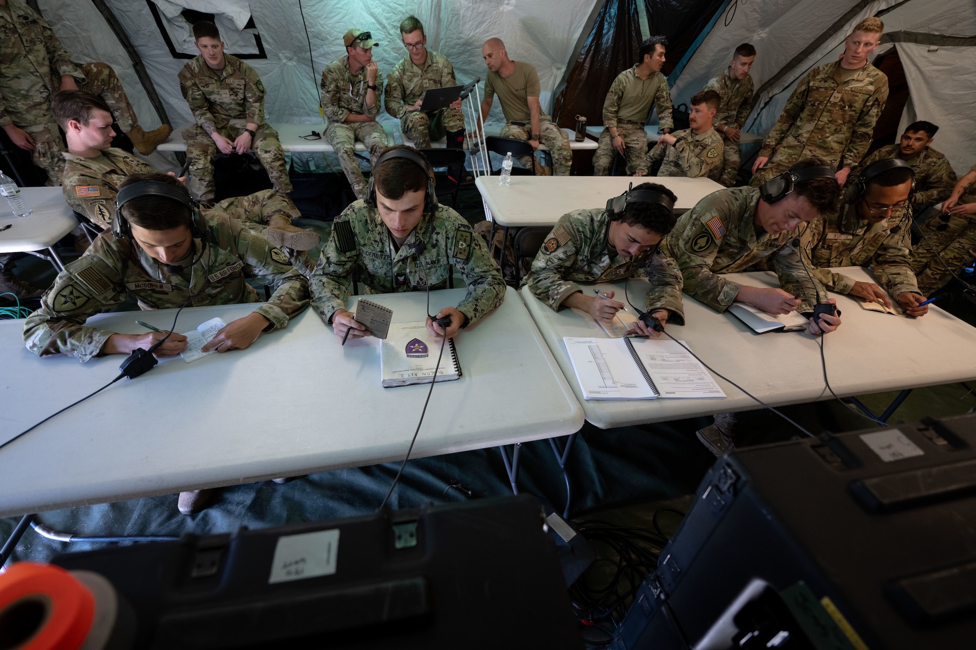 Joint communicators assigned to the Joint Communication Support Element prepare for Exercise Noble Skywave at MacDill Air Force Base, Florida, Oct. 16, 2025. Noble Skywave is an annual, Canadian-led high-frequency radio competition for military units to test and improve their ability to use high-frequency radio technology. JCSE competes to maintain high-frequency expertise and the ability to operate in any environment. (U.S. Air Force photo by Senior Airman Zachary Foster)