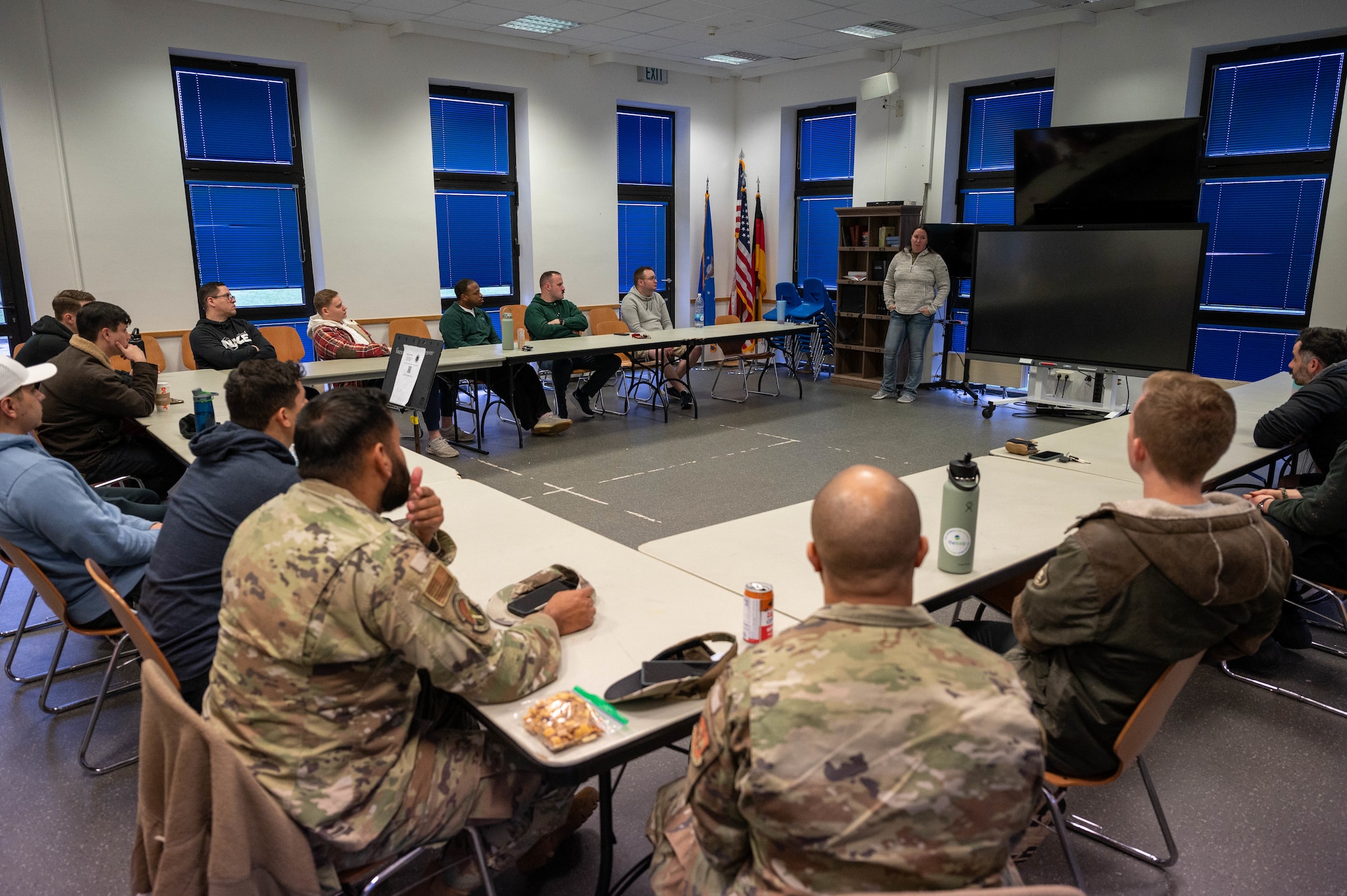 U.S. Air Force 86th Maintenance Squadron noncommissioned officers discuss during a supervisory course at Ramstein Air Base, Germany, Oct. 27, 2025.