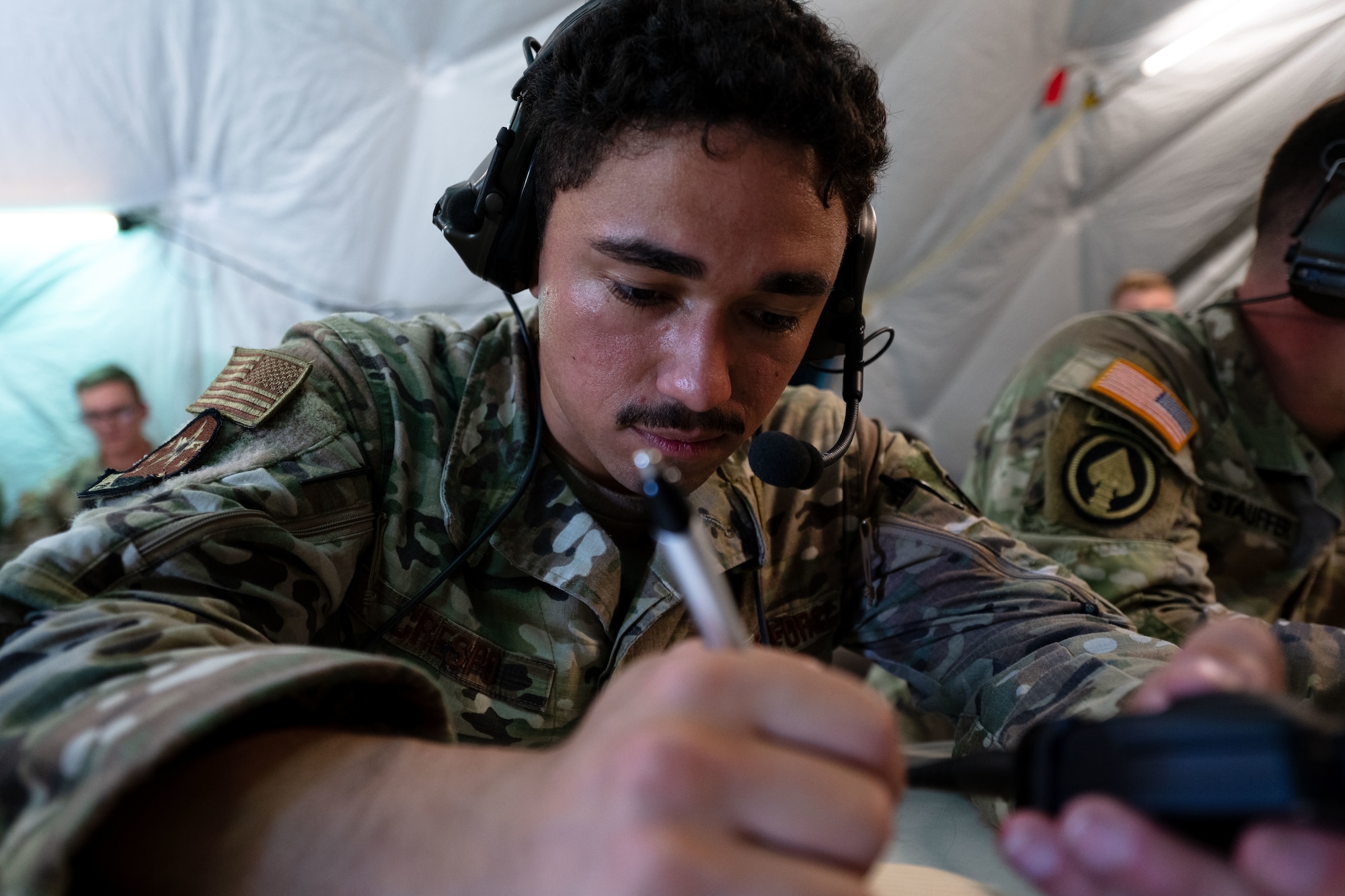 U.S. Air Force Airman 1st Class Andrew Crespo, 290th Joint Communication Support Squadron joint communicator, prepares for Exercise Noble Skywave at MacDill Air Force Base, Florida, Oct. 16, 2025. Noble Skywave is an annual, Canadian-led high-frequency radio competition for military units to test and improve their ability to use high-frequency radio technology. JCSE competes to maintain high-frequency expertise and ability to operate in any environment. (U.S. Air Force photo by Senior Airman Zachary Foster)