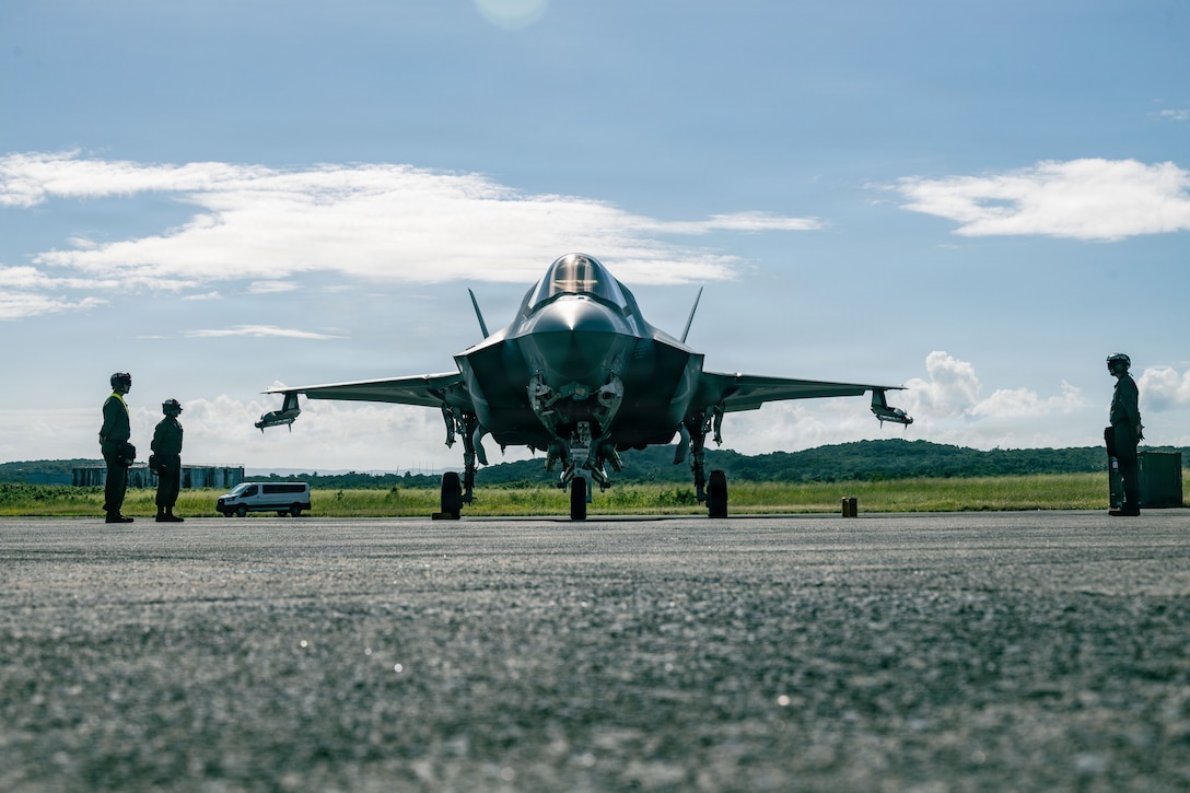 U.S. Marines with Marine Fighter Attack Squadron (VMFA) 225, U.S. Marine Corps Forces, South, prepare to launch a U.S. Marine Corps F-35B Lightning II assigned to VMFA-225 at Jose Aponte de la Torre Airport in Ceiba, Puerto Rico, Nov. 11, 2025. U.S. military forces are deployed to the Caribbean in support of the U.S. Southern Command mission, Department of War-directed operations, and the president’s priorities to disrupt illicit drug trafficking and protect the homeland. (U.S. Marine Corps photo)