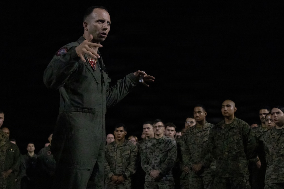 U.S. Marine Corps Col. Alexander E. Goodno, commanding officer of Marine Aircraft Group 13, 3rd Marine Aircraft Wing, speaks to Marines with Marine Fighter Attack Squadron (VMFA) 225, U.S. Marine Corps Forces, South, at Jose Aponte de la Torre Airport in Ceiba, Puerto Rico, Nov. 11, 2025. U.S. military forces are deployed to the Caribbean in support of the U.S. Southern Command mission, Department of War-directed operations, and the president’s priorities to disrupt illicit drug trafficking and protect the homeland. (U.S. Marine Corps photo)