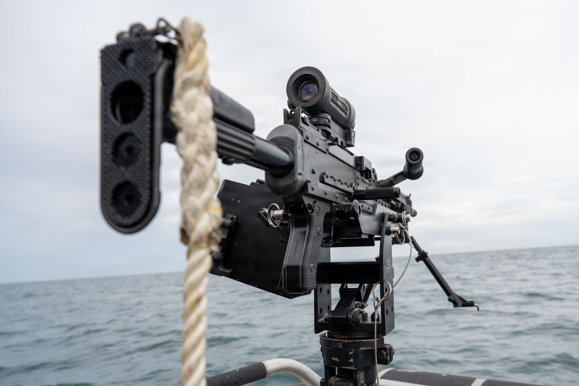U.S. Air Force 6th Security Squadron marine patrol conducts an M240B machine gun annual weapons training at MacDill Air Force Base, Florida, Nov. 6, 2025. Marine patrolmen are required to be certified in each weapon annually to increase their accuracy and stay familiar with the weapon. (U.S. Air Force photo by Airman Alexis Adams)