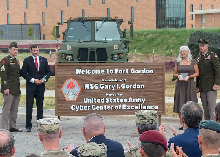 Large entrance sign Welcome to Fort Gordon named for MSG Gary I Gordon