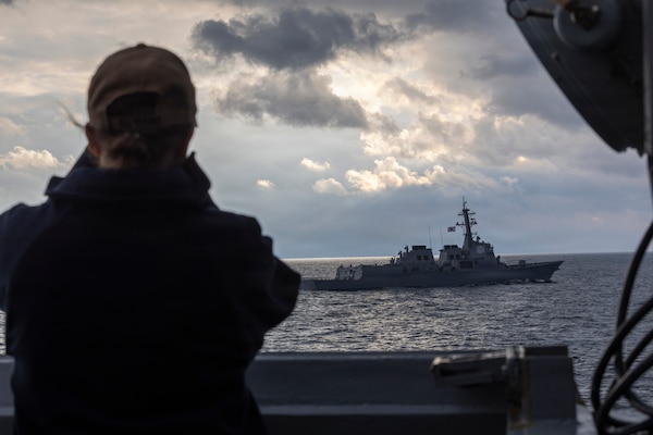 The Republic of Korea (ROK) Sejong the Great-class guided-missile destroyer ROKS Seoae Ryu Seong-ryong (DDG 993) travels alongside Arleigh Burke-class guided-missile destroyer USS Dewey (DDG 105) during the Maritime Counter Special Operations Exercise (MCSOFEX) with the ROK Navy Nov. 18, 2025.