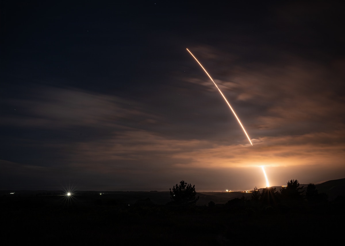 An unarmed Minuteman III Intercontinental Ballistic Missile launches during an operational test, Nov. 5, 2025, at Vandenberg Space Force Base, Calif. ICBM systems require regular testing to verify system performance and identify any potential issues. Data gathered from Glory Trip 254 helps to identify and mitigate potential risks, ensuring the continued accuracy and reliability of the ICBM force. (U.S. Space Force photo by Tech. Sgt. Draeke Layman)