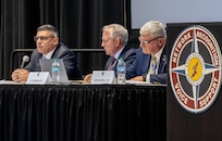 AMCOM Deputy to the Commander Don Nitti, left, addresses a sustainment question as LTG (Ret.) Doug Gabram, center, and CSM (Ret.) Tod Glidewell participate in a panel discussion on sustainment in future contested environments.