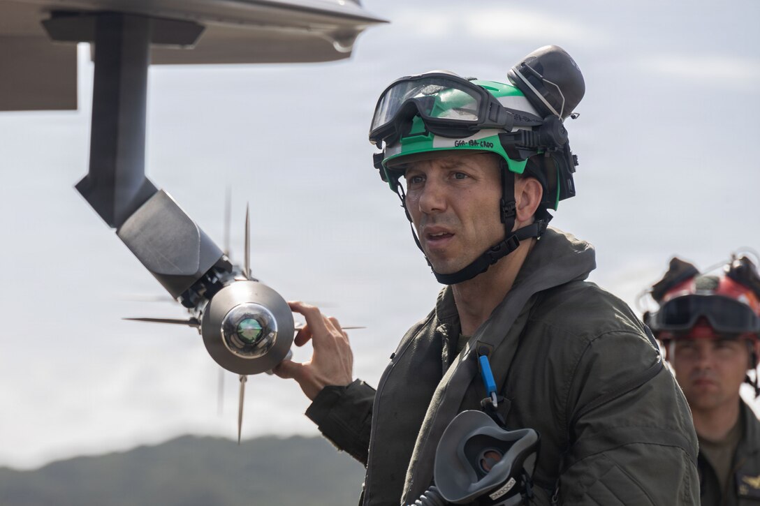 U.S. Marine Corps Col. Alexander E. Goodno, commanding officer of Marine Aircraft Group 13, 3rd Marine Aircraft Wing, conducts a pre-flight inspection of an AIM-9 Sidewinder missile mounted on a U.S. Marine Corps F-35B Lightning II assigned to Marine Fighter Attack Squadron (VMFA) 225, U.S. Marine Corps Forces, South, at Jose Aponte de la Torre Airport in Ceiba, Puerto Rico, Nov. 11, 2025. U.S. military forces are deployed to the Caribbean in support of the U.S. Southern Command mission, Department of War-directed operations, and the president’s priorities to disrupt illicit drug trafficking and protect the homeland. (U.S. Marine Corps photo)