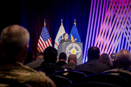 Maj. Gen. Lori Robinson, commanding general of U.S. Army Aviation and Missile Command, speaks during the 2025 AAAA Cribbins Futures Forum in Huntsville, Ala., Nov. 17, 2025.