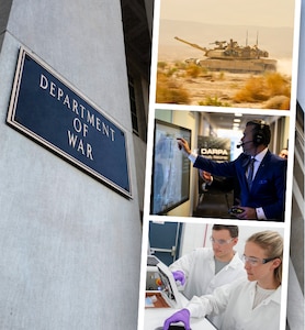 In a graphic, the Department of War sign is seen on a column on the left. On the right, three photos appear. One is of a tank in a desert. The middle is of the secretary of war touching a television screen. The bottom photo shows two people in a lab.