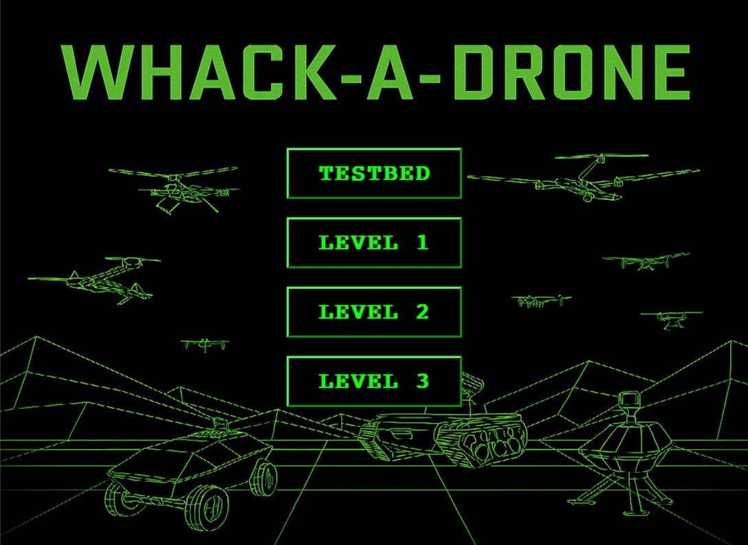 A black graphic with green text titled "Whack-a-Drone" with options for Testbed, Level 1, Level 2, Level 3. Several graphics of military equipment in the background.