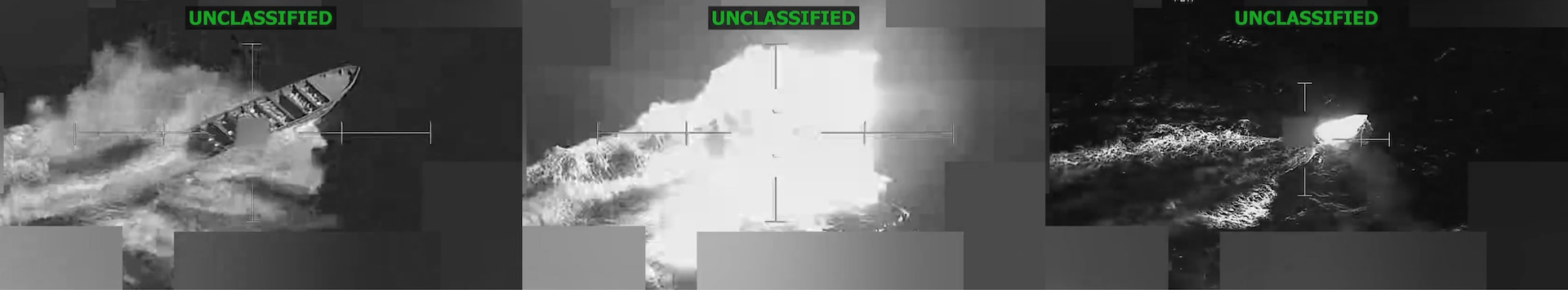 A black and white panel of three photos showing a small boat at sea before, during and after being blown up by fire from above.