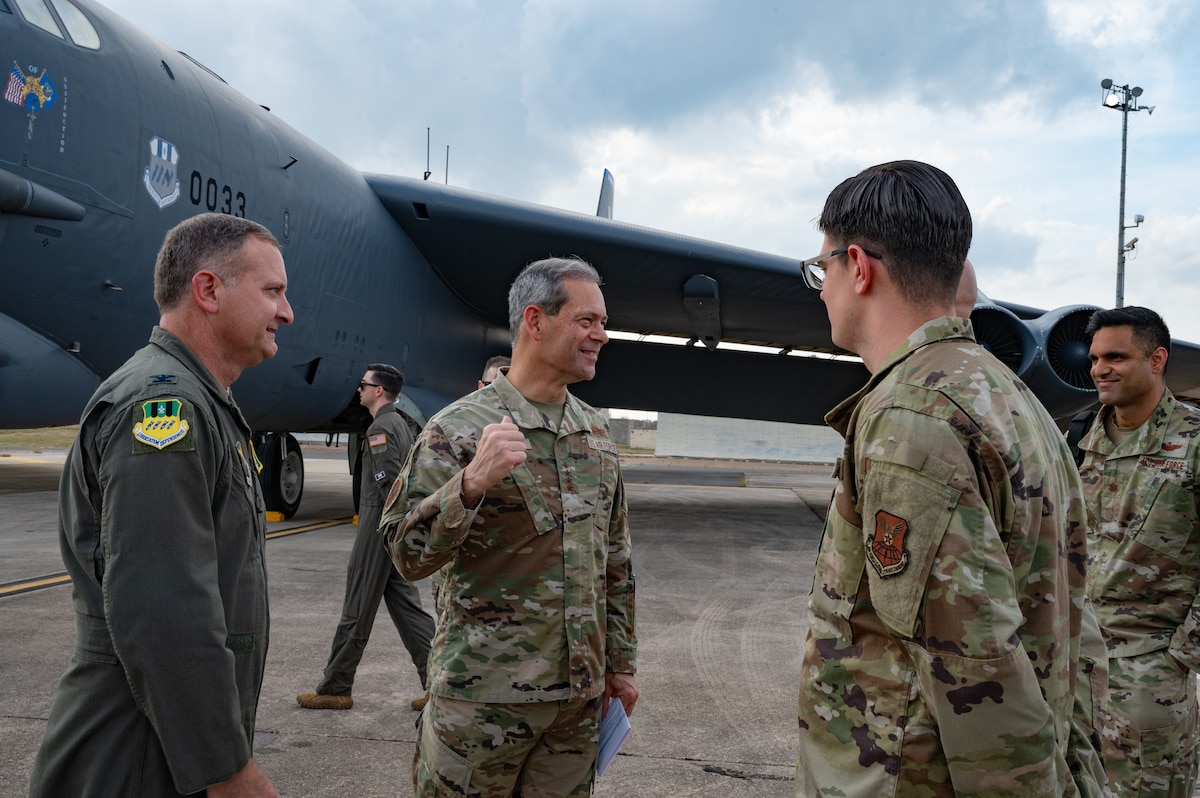 U.S. Air Force Chief of Staff Gen. Ken Wilsbach receives a B-52H Stratofortress static display tour during a visit at Barksdale Air Force Base, Louisiana, Nov. 19, 2025. Wilsbach’s flightline immersion reinforced his top focus area: at the core of Air Force service, Airmen fly and fix airplanes. (U.S. Air Force photo by Senior Airman Laiken King)