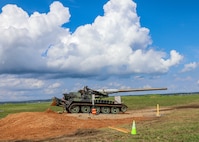 DAHLGREN, Va. – Naval Surface Warfare Center Dahlgren Division scientists and engineers used a M110 Howitzer modified with a 155 mm barrel to launch projectiles traveling nearly four times the speed of sound toward controlled blasts of 30 to 100 pounds of dynamite. The groundbreaking test was used to study how shockwaves affect high-speed rounds. (NSWCDD Photo)